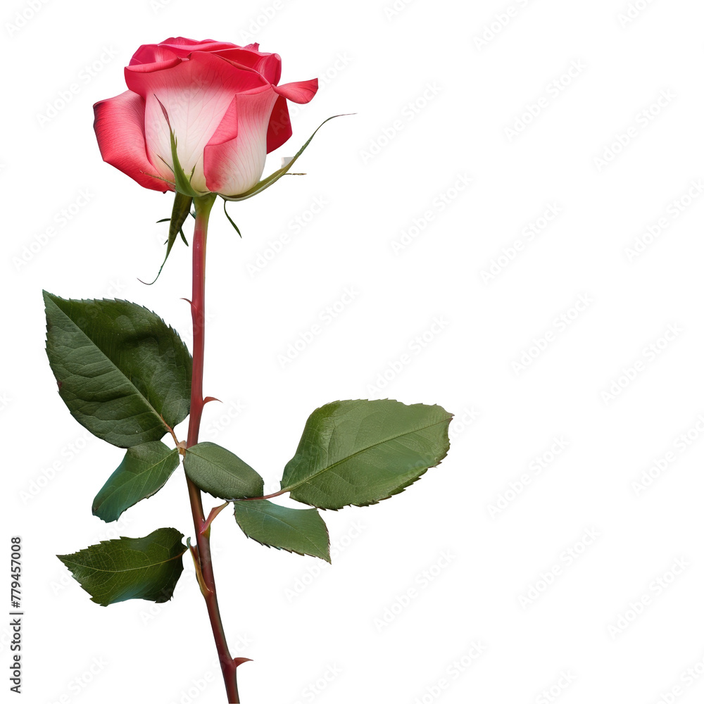 A single rose on a stem with leaves