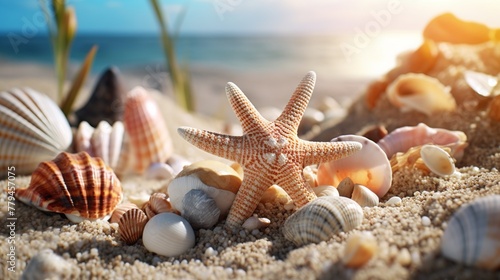 Seashells on the beach. Sea shells with sand as background