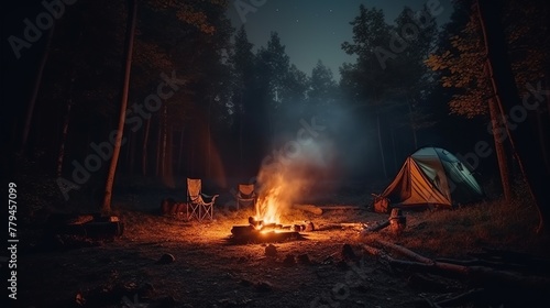Camping in the forest at night with a bonfire and a tent
