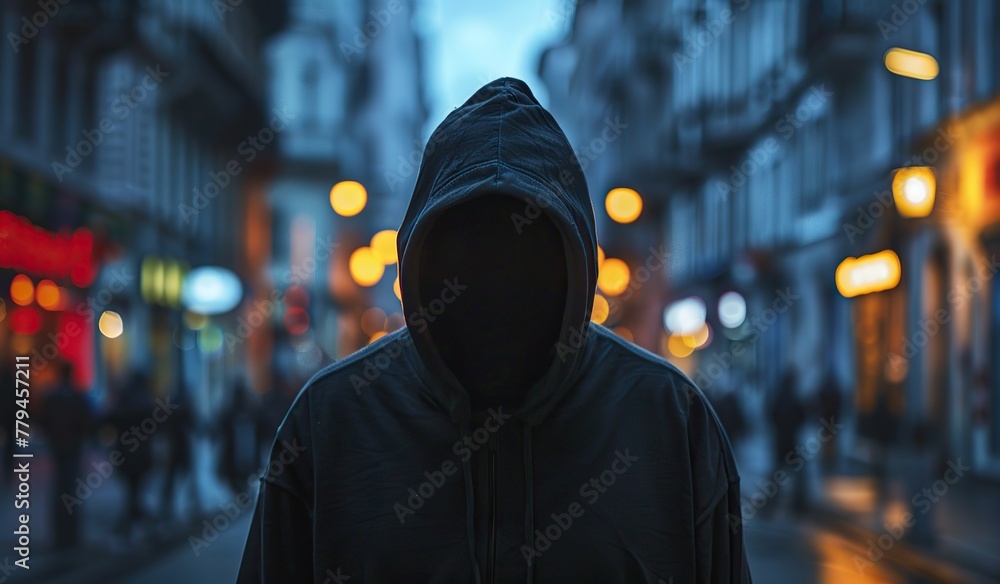 Person in hooded jacket walking down street. The concept of violence and terrorism Person in hooded jacket walking down street. The concept of violence and terrorism