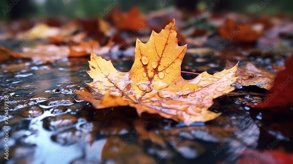 Autumn maple leaves in the rain. Selective focus, shallow depth of field. Autumn maple leaves in the rain. Selective focus, shallow depth of field.