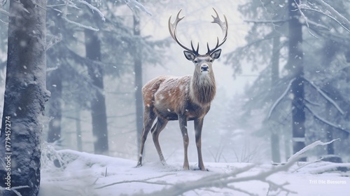 Beautiful red deer in the winter forest. Wild animal in the forest. © danang