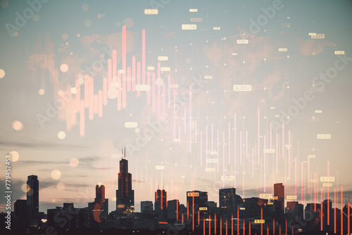 Abstract downward red forex chart with map  grid and index on blurry city wallpaper. Financial crisis recession concept. Double exposure.