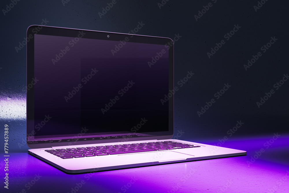 Close up of creative neon purple light gaming notebook with mock up place. 3D Rendering. Close up of creative neon purple light gaming notebook with mock up place. 3D Rendering.