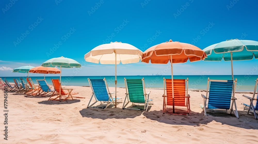 Beach chairs and umbrellas on the sandy beach. Toned.
