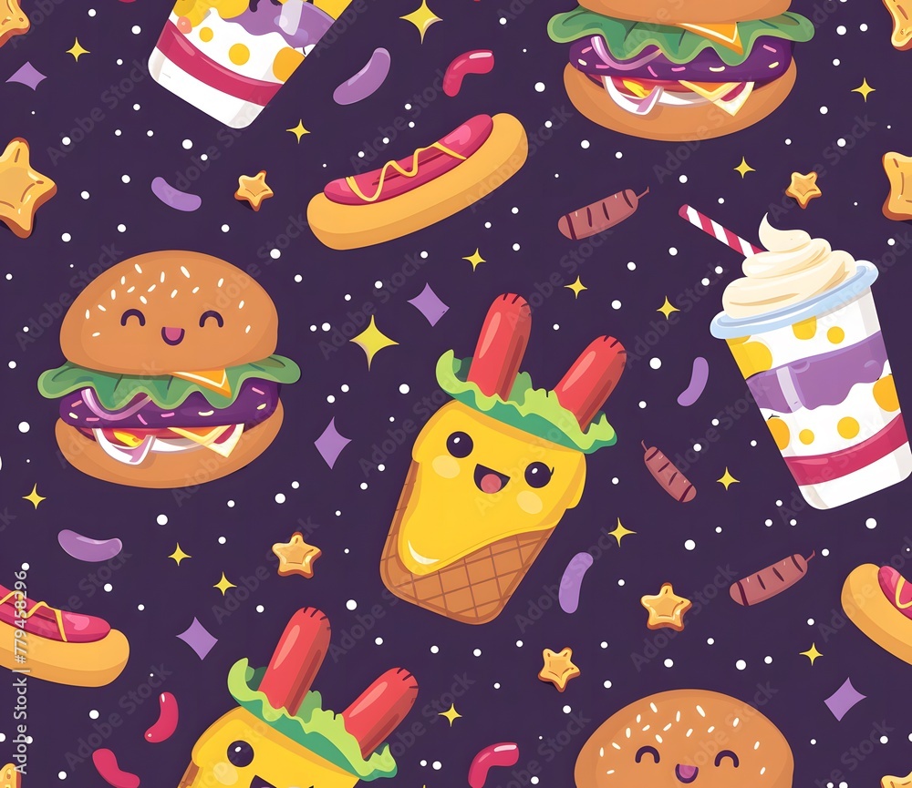 Cute kawaii fast food pattern with cheeseburgers, hot dogs and milkshakes on a dark purple background