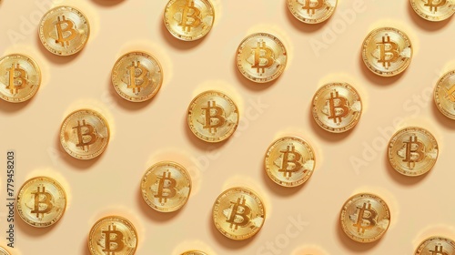 Realistic Bitcoin gold coins apart from each other photo pattern, flat color background, isometric, view from top © shooreeq