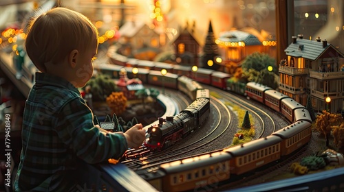 A child watching model trains navigate through a miniature landscape igniting dreams of travel and adventure photo