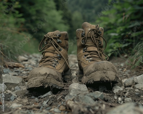 A pair of worn hiking boots on a rocky trail representing the journey and the stories of places visited
