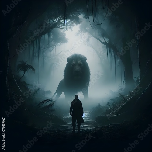 A man standing in front of a massive lion in foggy jungle