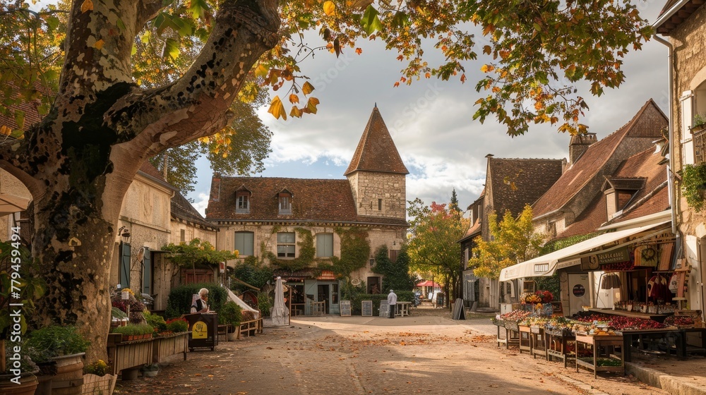 A quaint village square with a market and town hall AI generated illustration A quaint village square with a market and town hall AI generated illustration