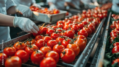 Operators sort fresh, ripe tomatoes on a conveyor belt. People in special clothing and gloves monitor and clean the environmentally green vegetables. Agricultural technology.