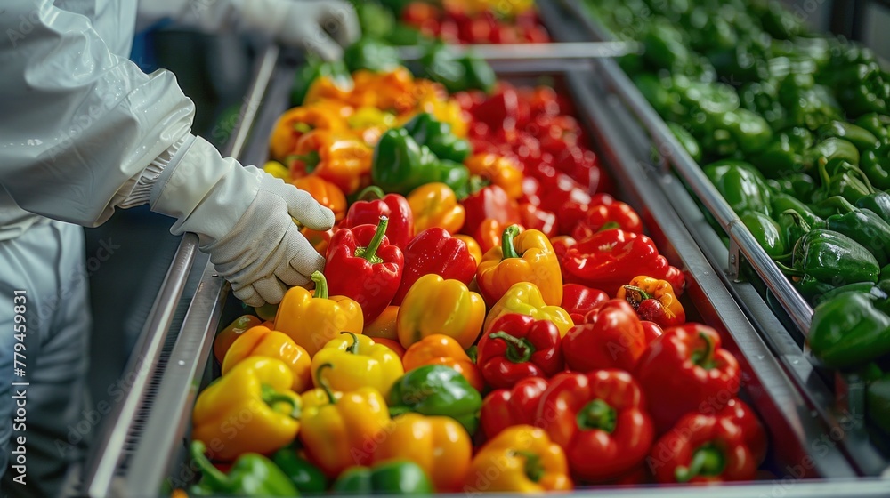 Operators sort fresh colored peppers on a conveyor belt. People in special clothing and gloves monitor and clean the organic vegetables. Agricultural technology.