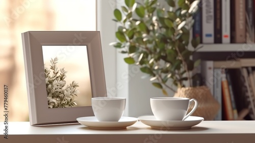 Blank photo frame, coffee cup and plant on wooden table.