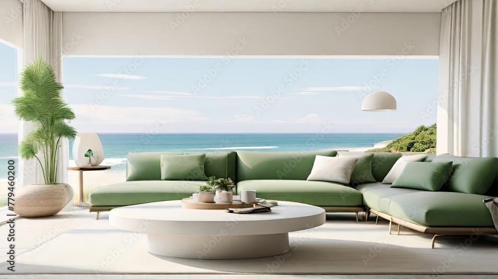 Obraz premium Minimalist Living Room Green and White Color and Beach View Coffee Table and Television with Backdrop of Natural Light
