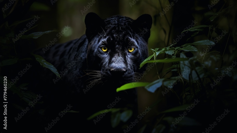 Black panther in the dark forest. Panthera leo.