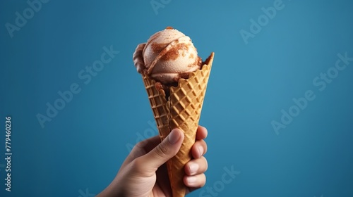 ice cream in a waffle cone in hand on a blue background