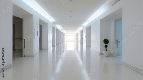 Interior of a hospital corridor with white walls and white floor.