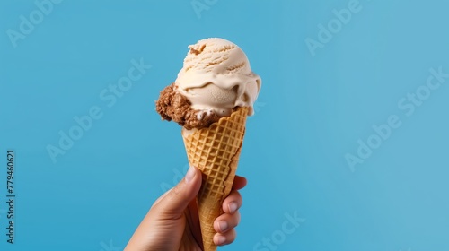 ice cream in a waffle cone in hand on a blue background