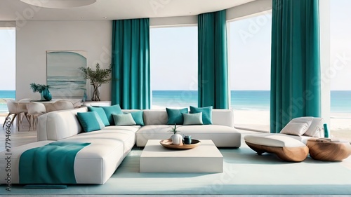 Minimalist Living Room Teal and White Color and Beach View Coffee Table and Television with Backdrop of Natural Light