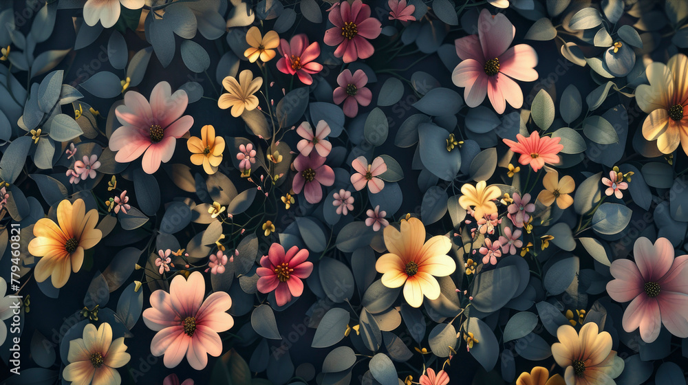 Realistic floral pattern in shadow play style photo, flat color background, isometric, view from top