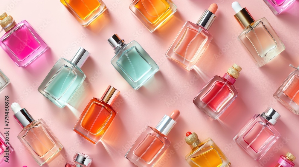 Realistic perfume beautiful bottles apart from each other photo pattern, flat color background, isometric, view from top, bird eye view Realistic perfume beautiful bottles apart from each other photo pattern, flat color background, isometric, view from top, bird eye view