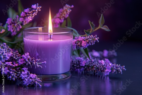 A lit purple candle within a clear glass jar surrounded by sprigs of fresh lavender on a blurred background. © photolas