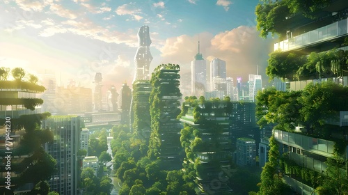 Futuristic Vertical Green City Skyline with Innovative Architecture and Renewable Nature photo