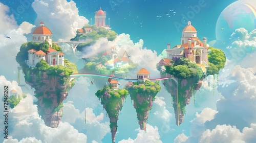 Fantastical Floating Islands and Surreal Dreamscape City in the Clouds © pkproject