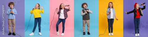 Children singing on different color backgrounds, collection of photos