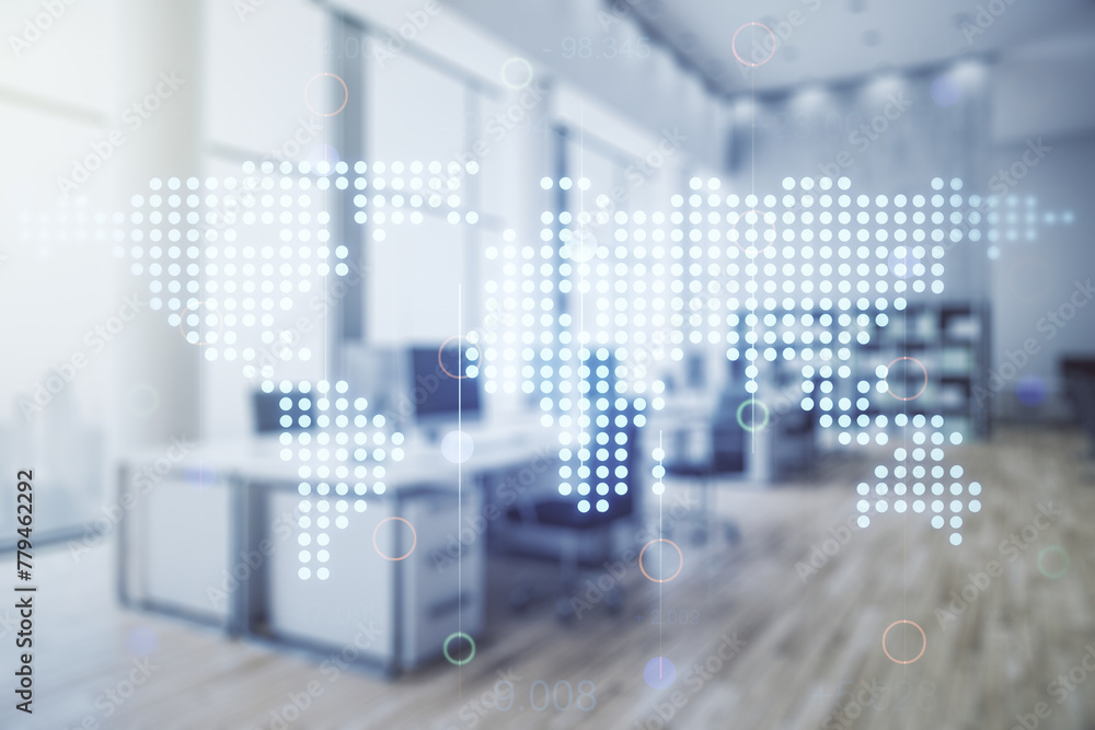 Multi exposure of abstract graphic world map on a modern furnished classroom background, big data and networking concept Multi exposure of abstract graphic world map on a modern furnished classroom background, big data and networking concept