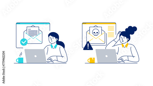 Cyber security concepts. A woman has email protection against spam and phishing. A woman opens a danger letter with viruses. Vector linear illustrations on the white background. 