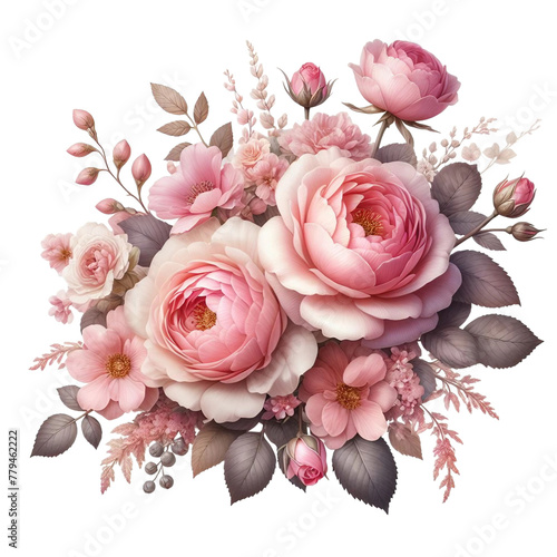 Pink rose flowers in a floral arrangement isolated on white or transparent background