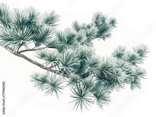 Pine tree  evergreen needles  digital art  isolated white background  wintery feel.