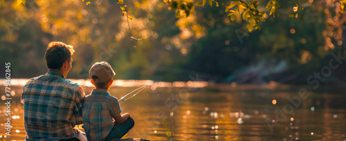 Father and son sit on the edge of the shore, holding fishing rods in their hands and looking at the water, enjoying fishing together on a quiet lake. Father's Day. Banner. Copy space
