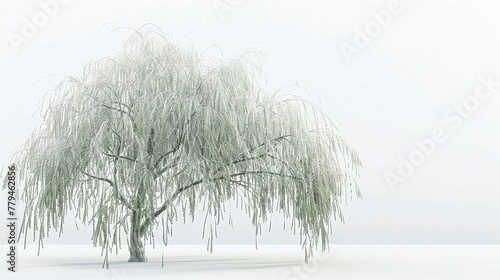 Willow tree, drooping branches, white background, digital illustration, serene ambiance.