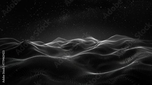A black and white image of a mountain range with a starry sky in the background. Concept of vastness and mystery, as the stars twinkle in the dark sky above the mountains