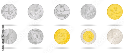 A set of Italian Lira from 1 to 1000. Vector illustration on a white background photo