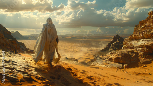 A man in a white robe walks across a desert. The sky is cloudy and the sun is shining © Дмитрий Симаков