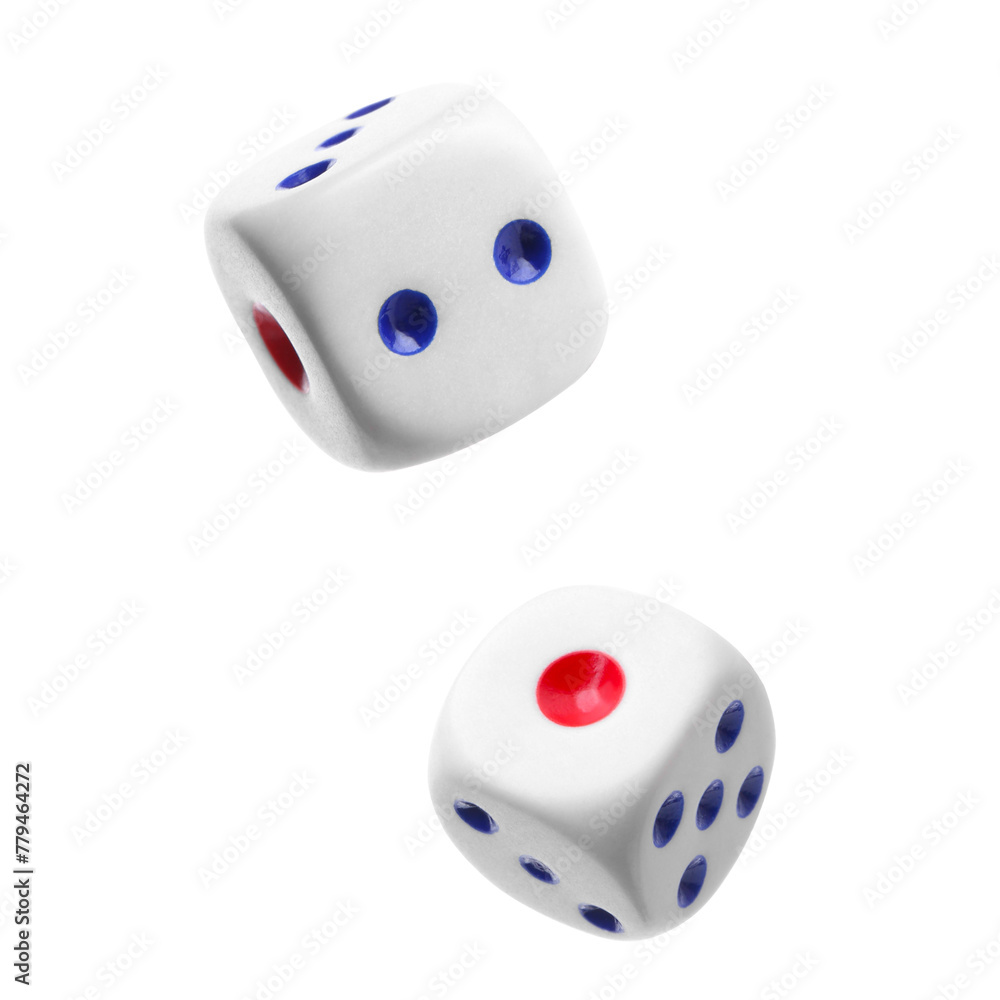 Two dice in air on white background Two dice in air on white background