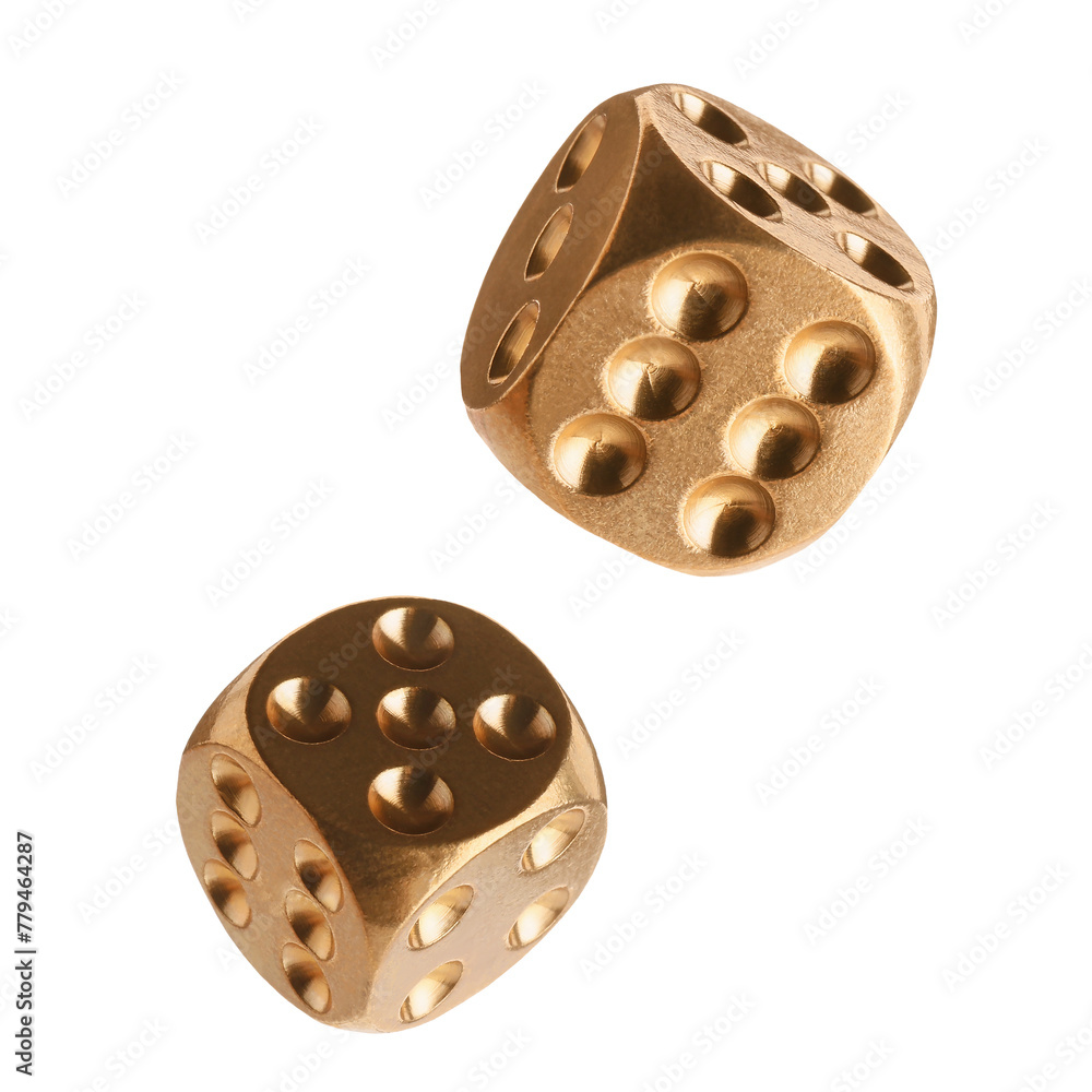 Two golden dice in air on white background Two golden dice in air on white background