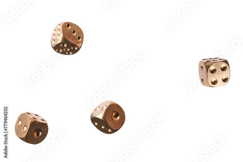 Four golden dice in air on white background © New Africa