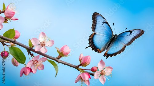 pink cherry blossom and beautiful blue butterfly background, AI generated
