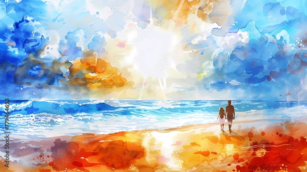 A marine watercolor banner with silhouettes of a young man and a girl standing on a rock on the shore of a raging sea embodies the concept of a family trip to tropical countries. - obrazy, fototapety, plakaty 