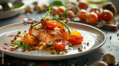 A beautifully presented dish of grilled salmon with cherry tomatoes and herbs.