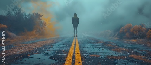 Man at crossroads deciding path on uncertain day making life choices. Concept Decision Making, Crossroads, Life Choices, Uncertainty, Path Ahead photo