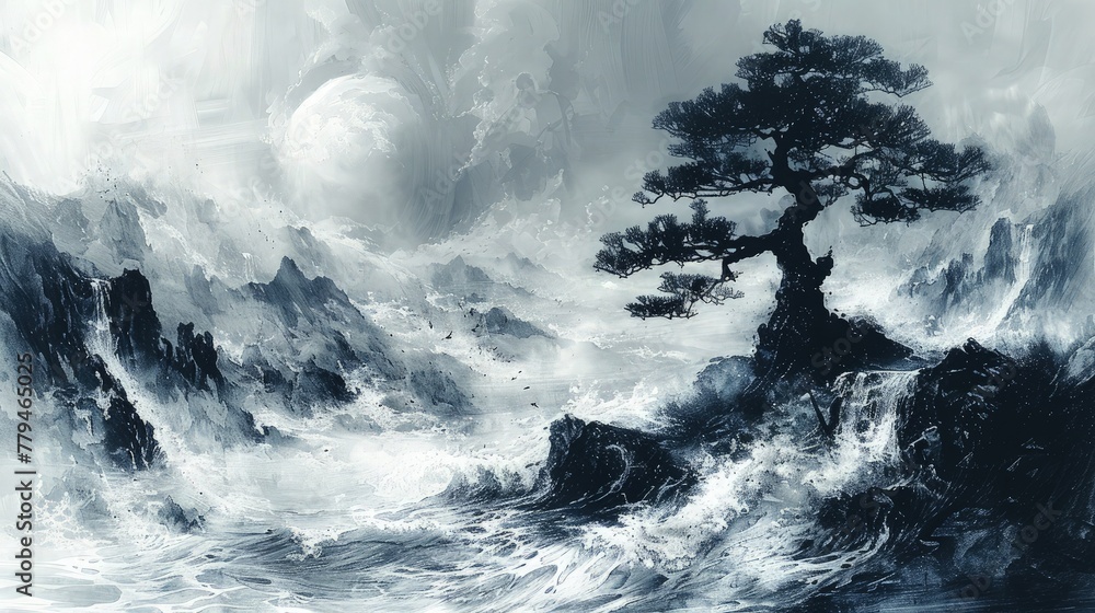 Trees on a cliff flooded by floodwater. Elegance in Ink. A Sumi-e Masterpiece Trees on a cliff flooded by floodwater. Elegance in Ink. A Sumi-e Masterpiece