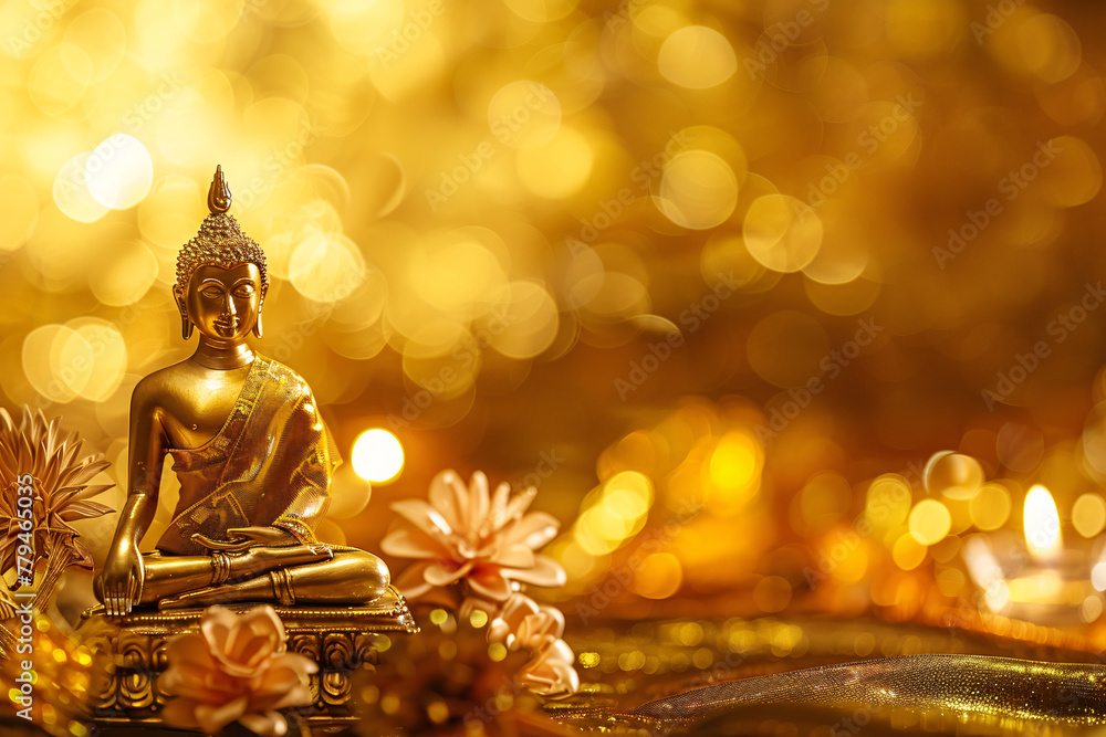 Buddha Purnima background - statue of Buddha and flowers with copy space over golden background