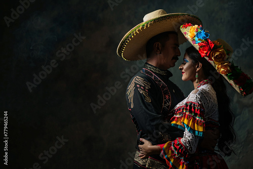 mexican couple in mexican traditional costumes, cinco de mayo background with copy space