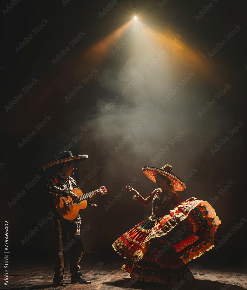 couple playing guitar and dancing in mexican traditional costumes over dark background, cinco de mayo concept couple playing guitar and dancing in mexican traditional costumes over dark background, cinco de mayo concept
